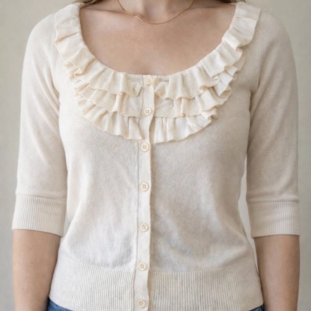 VTG S Worthington Ruffle Neck Short Sleeve‎ Ivory Cardigan Sweater Coquette Y2K